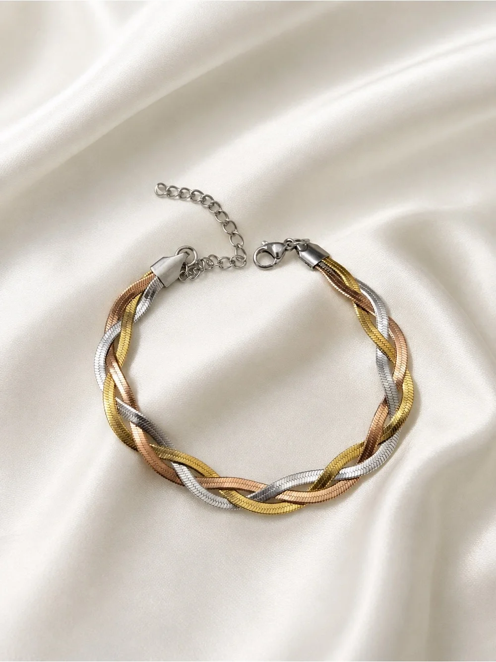 18k Gold Plated Tri-Tone Braided Women's Bracelet - Gold, Rose Gold & Silver